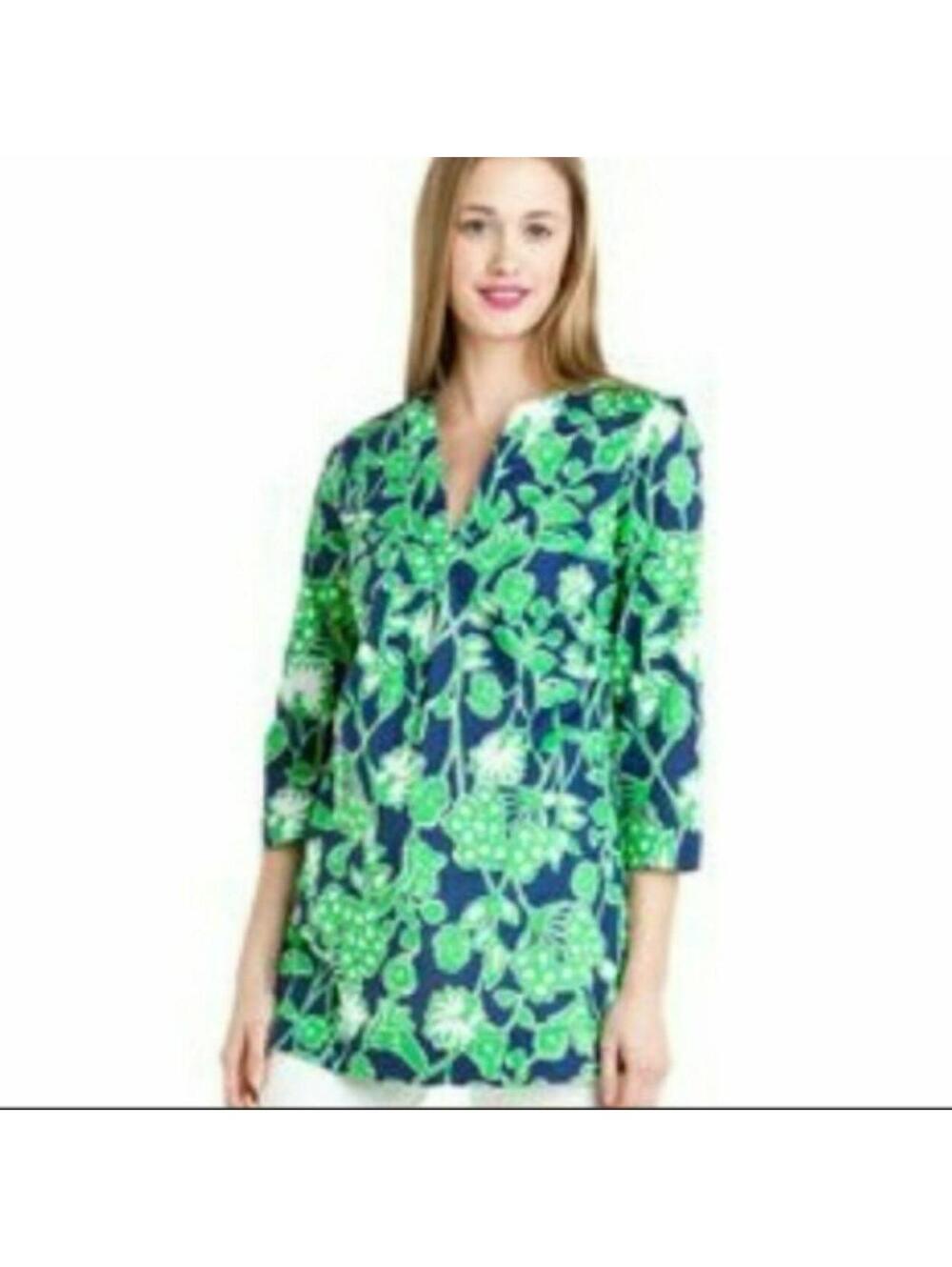 Lilly Pulitzer Women's Green Blue & White Floral Tunic Shirt Sz Large